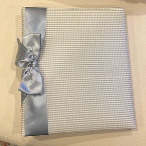 New Baby book, blue silk check fabric with printed pages and satin bow